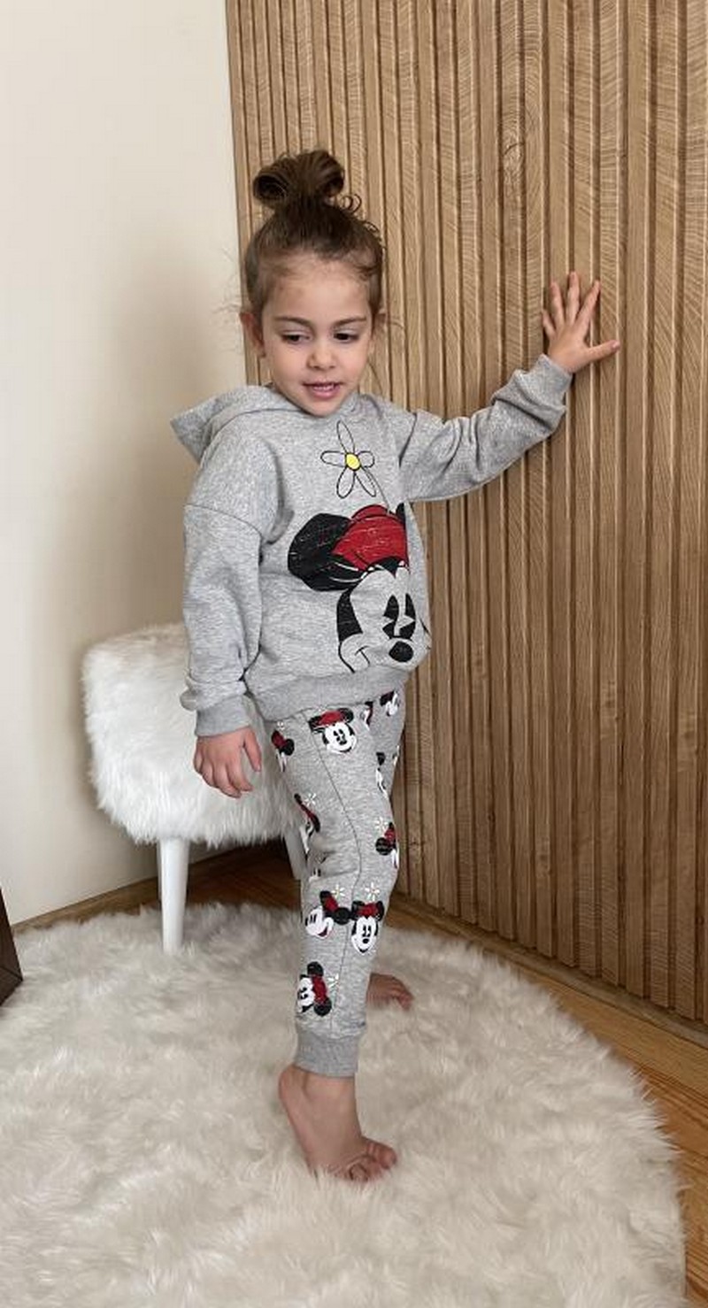 1-5 Yaş Arası Minnie Mause ve Çiçek Detaylı Kapüşonlu Gri Takım