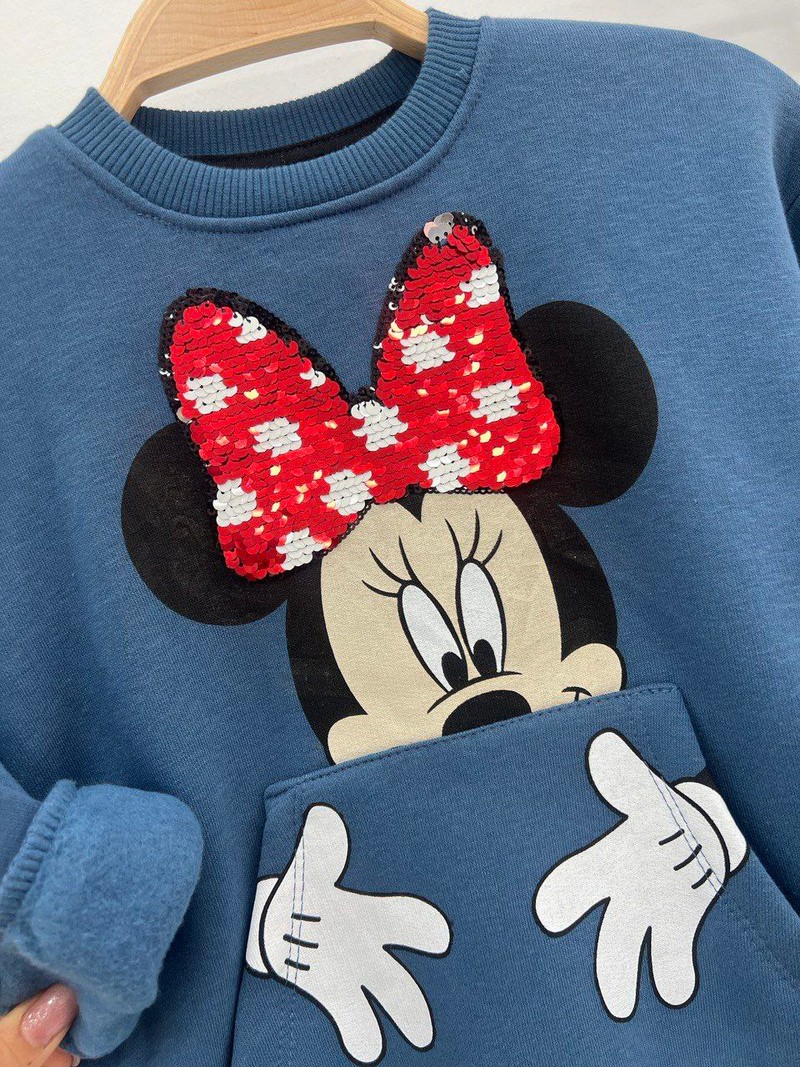 1-5 Yaş Aralığı Minnie Mause Pul Detaylı Polarlı Kışlık Sweat