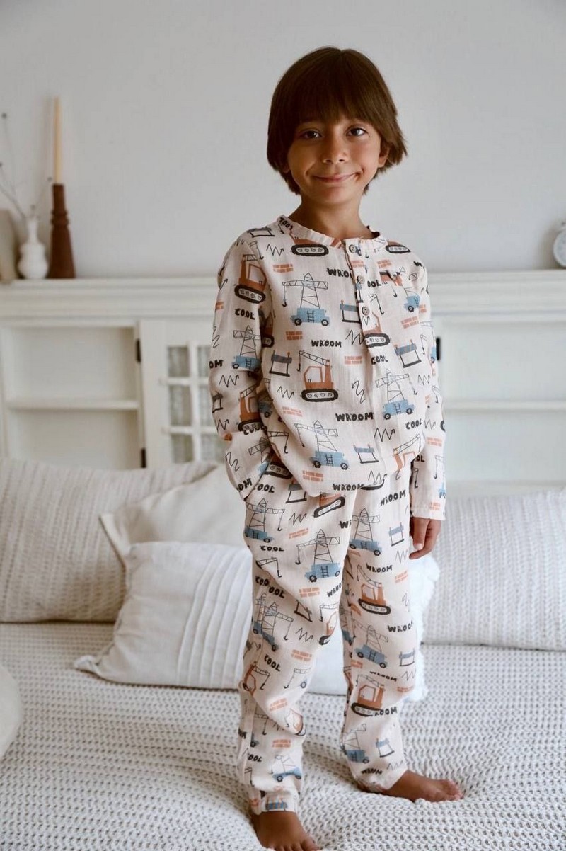 1-6 Yaş Aralığı Koton Müslin Yakalı Cool Buldozer Pijama Takımı