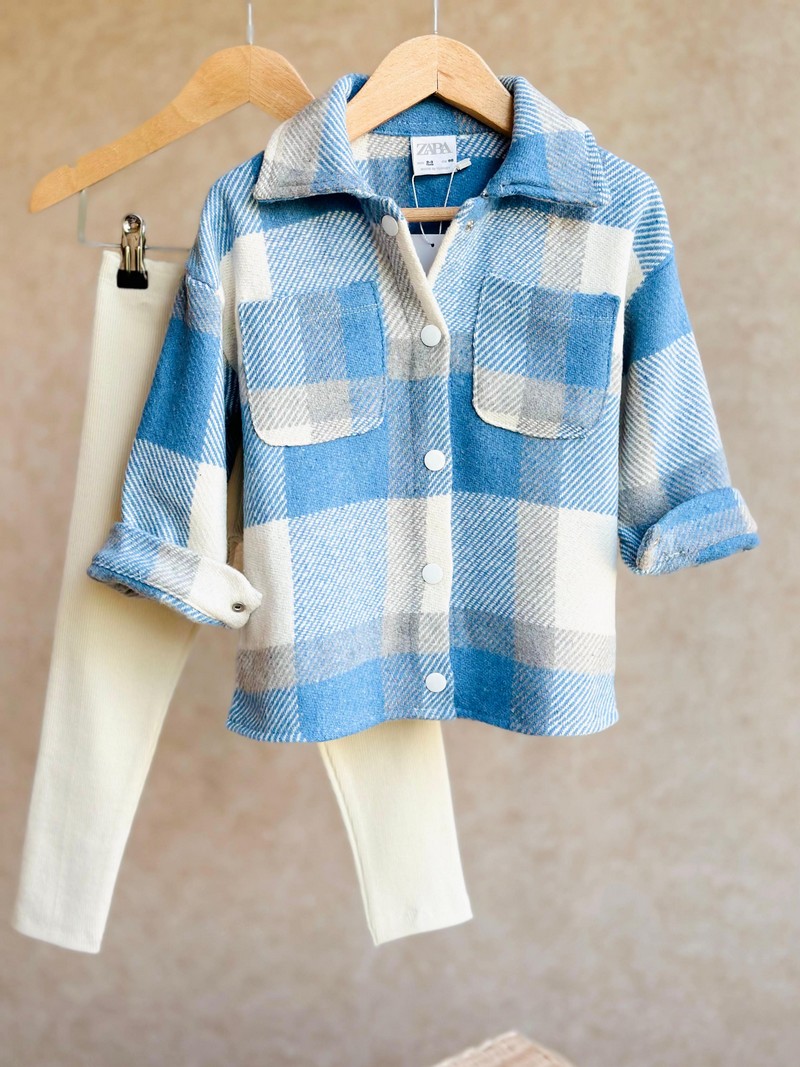 2-8 yaş arası pamuklu oduncu gömlek ve fitilli tayt takım mavi