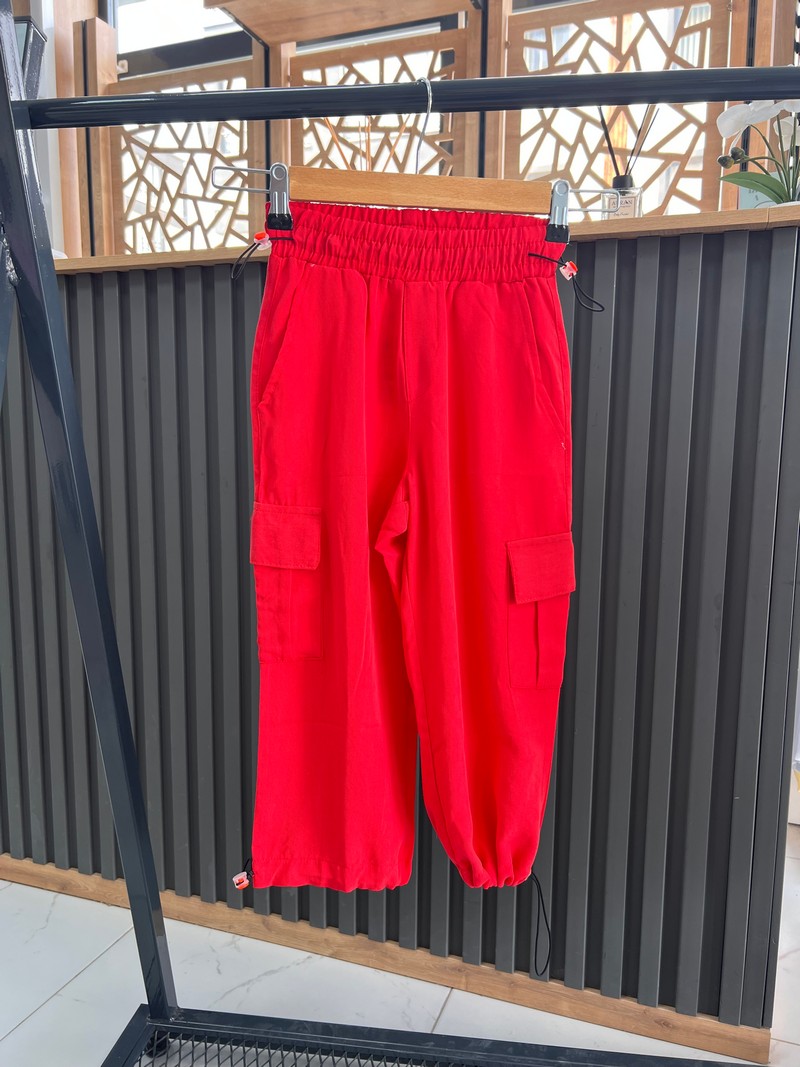 3-12 Yaş Kargo Cep Dökümlü Cotton Pantolon Kırmızı