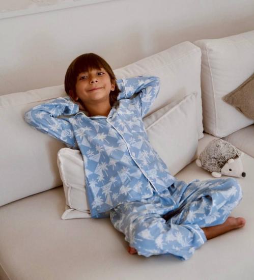 4-12 Yaş Aralığı Cotton Viscon Yakalı Palmiye Pijama Takımı